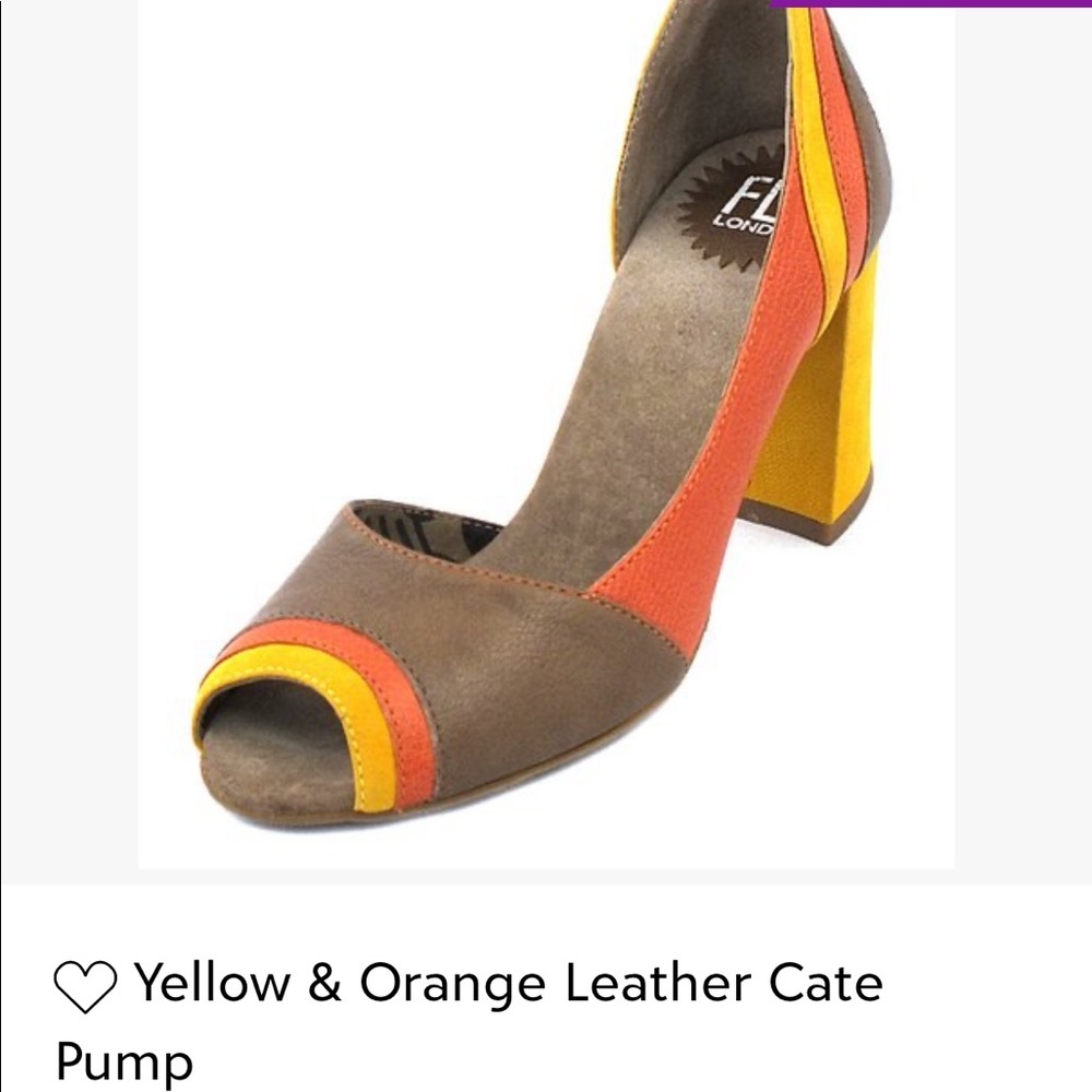 Fly London Yellow Orange and Brown Leather Peep-Toe Block Heel Pump